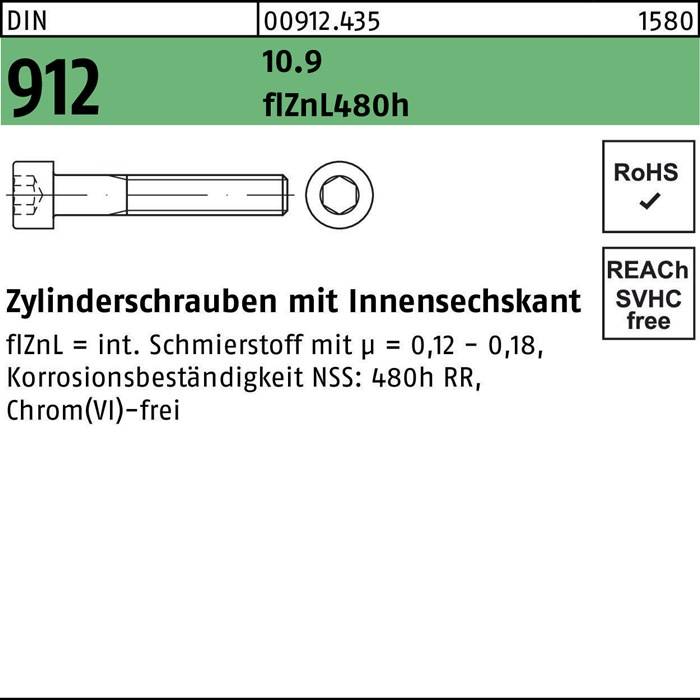 Zylinderschraube DIN 912 Innen-6kt M12x110 10.9 flZnL/nc/x/x/480h/C 50St.