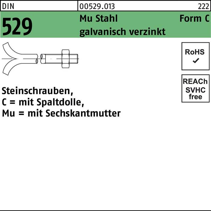 Steinschraube DIN 529 Spaltdolle/6-ktmutter CM 16x200 Mu 3.6 galv.verz. 25St.