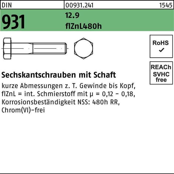 Sechskantschrauben mit Schaft 931' Bild mit Darstellung einer Schraube und technischen Spezifikationen. RoHS- und SVHC-konform.
