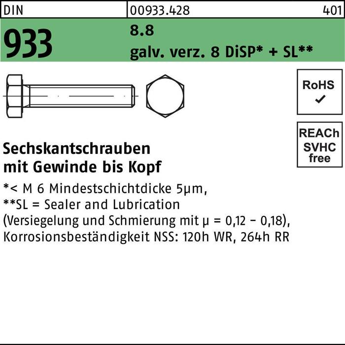 Sechskantschraube mit metrischem Gewinde, M 6 Mindestdicke, verzinkt und chrompassiviert. Teil 933. Konform mit RoHS und REACH.