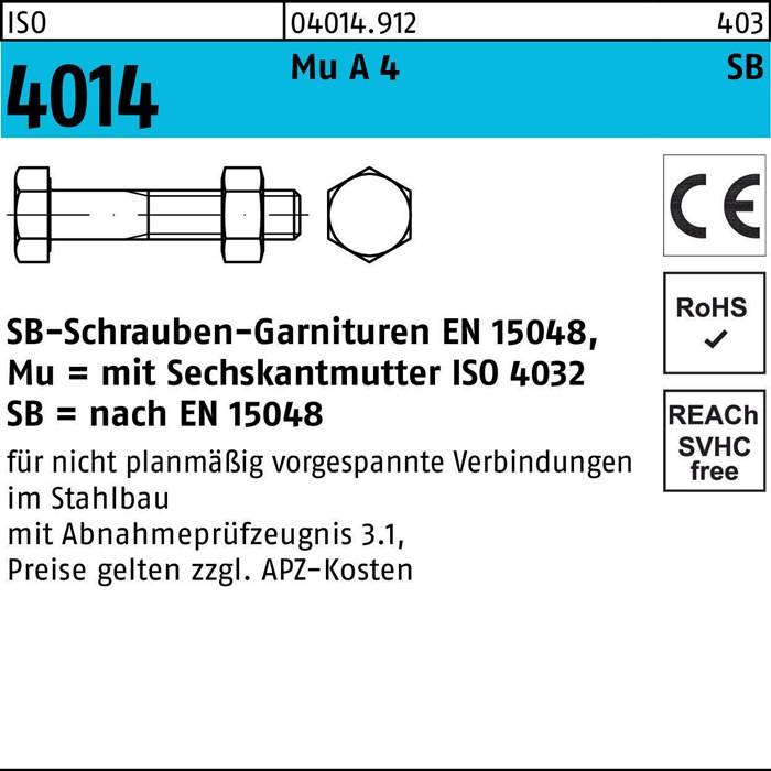 Sechskantschraube ISO 4014 Schaft/Mutter M24x 140 A 4 SB 5 Stück
