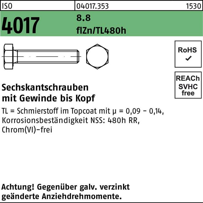 Sechskantschraube ISO 4017 VG M8x16 8.8 flZnnc 480h-L 200St.
