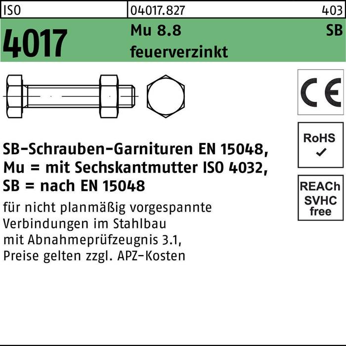 Sechskantschraube ISO 4017 VG Mutter M12x 40 8.8 feuerverz. SB 100 Stück