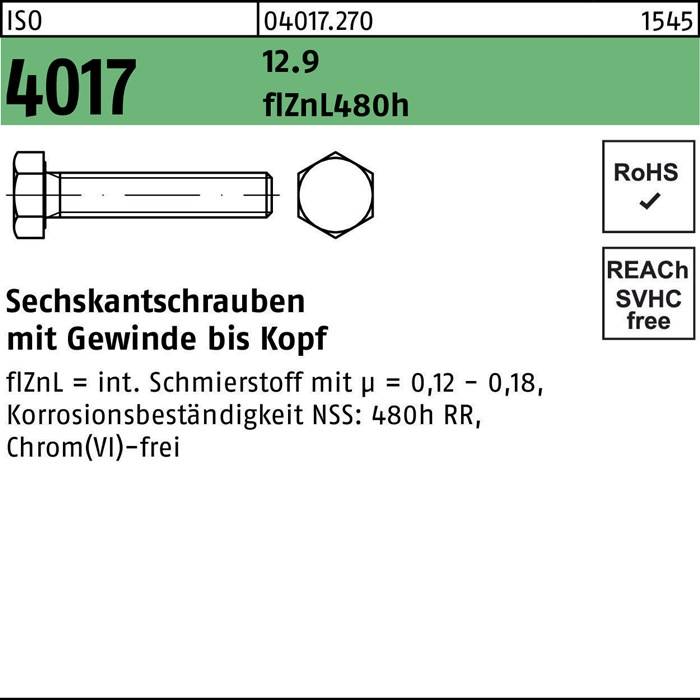 Sechskantschraube ISO 4017 VG M6x 20 12.9 flZnL 480h zinklamellenb. 500St.