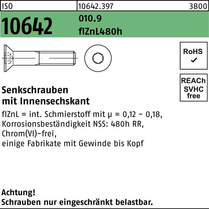 Senkschraube ISO 10642 Innen-6kt M12x50 010.9 flZnL 480h zinklamellenb. 100St.
