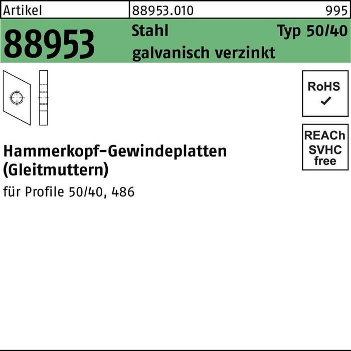 Hammerkopfgewindeplatte R 88953 Typ 50/40 M6 Stahl galv.verz. 100Stück