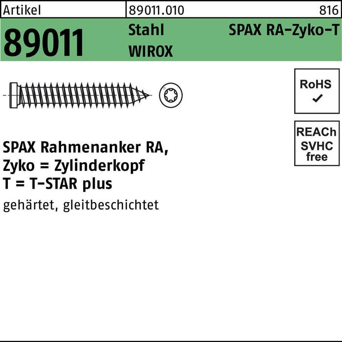 Schraube mit Zylinderkopf SPAX RA-Zyko-T in WIROX-Beschichtung, Artikel 89011.016, RoHS-konform, SVHC-frei, gehärtet mit Gleitbeschichtung.