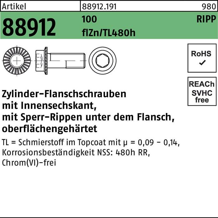 Zylinderflanschschraube R 88912 Sperr-Ripp In.-6kt M8x12 100 flZnnc480h-L 200St