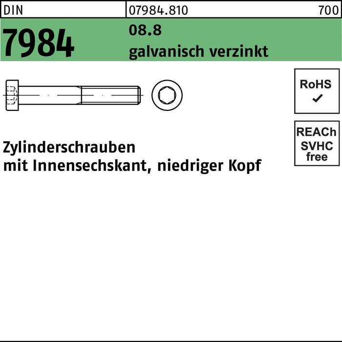 Zylinderschraube DIN 7984 Innen-6kt M6x8 8.8 galv.verz. 500St.