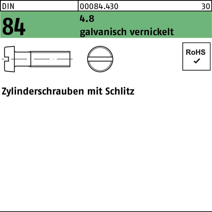 Zylinderschraube DIN 84/ISO 1207 Schlitz M4x16 4.8 galv. vernickelt 2000St.