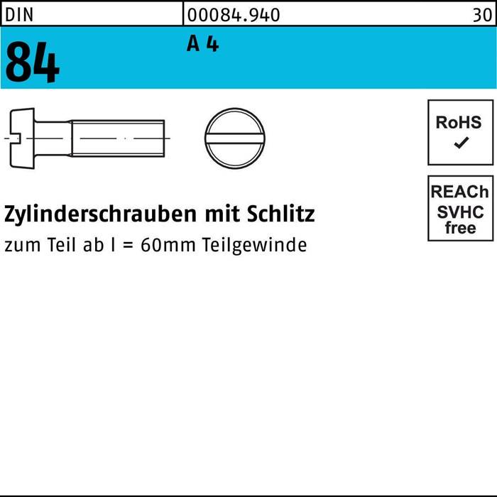 Zylinderschraube DIN 84/ISO 1207 Schlitz M10x 60 A 4 50 Stück
