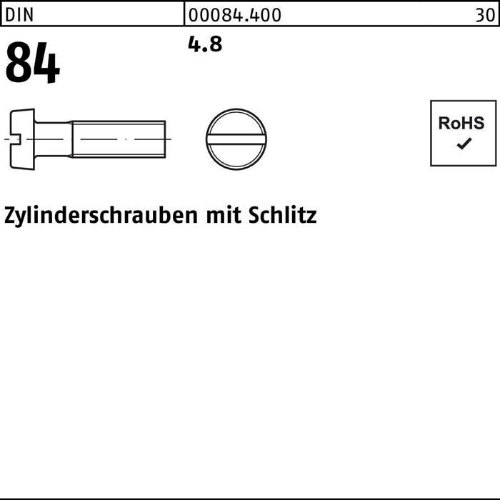 Zylinderschraube DIN 84/ISO 1207 Schlitz M6x 30 4.8 500 Stück