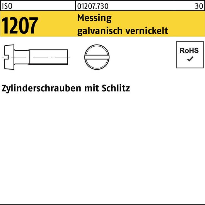 Zylinderschraube ISO 1207 Schlitz M2,5x10 Messing galv. vernickelt 200St.