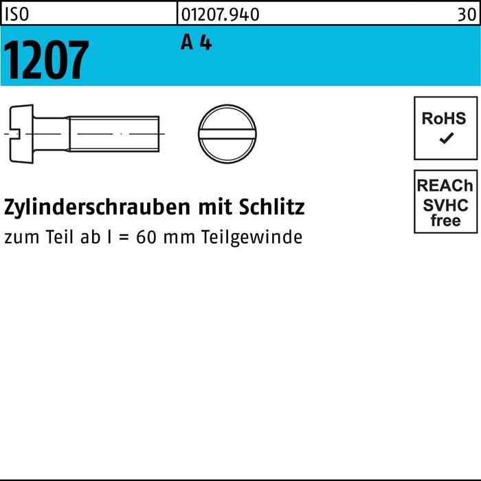 Zylinderschraube ISO 1207 Schlitz M2x 12 A 4 1000 Stück