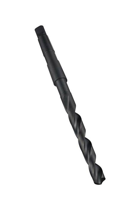 Ein langer, schwarzer, verdrehter Bohrer mit spiralförmigem Design, der zum Bohren in harte Oberflächen verwendet wird. Die gegenüberliegende Seite hat einen glatten Schaft.