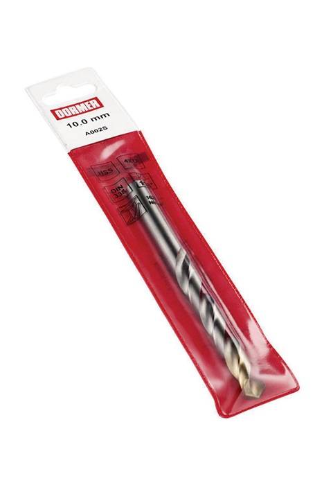 Ein Metallbohrer in einer roten Verpackung mit der Aufschrift 'Dormer 10,0 mm HSS A002S', der Größe und Art angibt; geeignet für Metallbohrarbeiten.