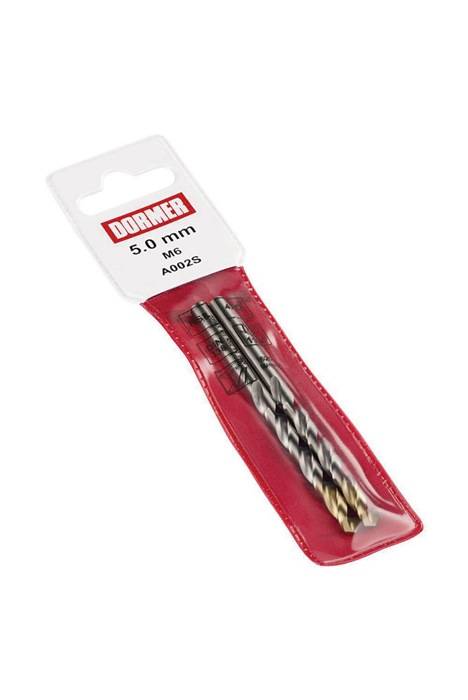 Zwei Dormer-Bohrer in einer roten Verpackung, beschriftet mit '5,0 mm M6 A002S'.