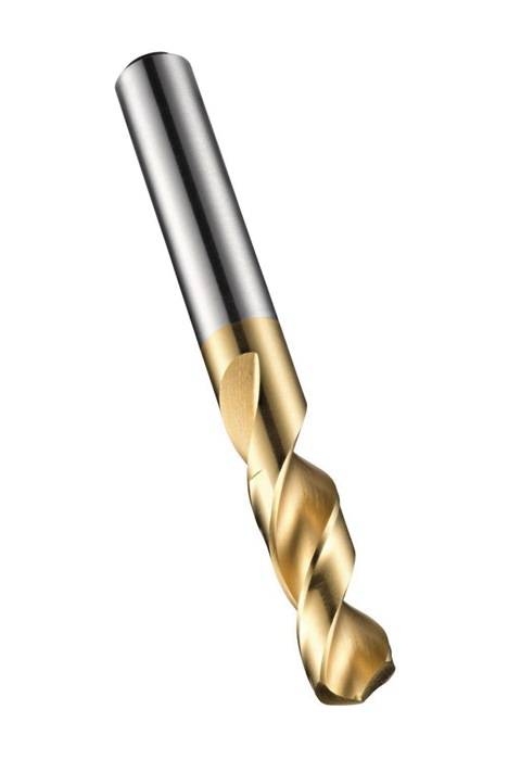 Eine Nahaufnahme eines Bohrers mit metallischer, glänzender Oberfläche, der eine Spiralform und eine scharfe, spitze Spitze zum Bohren aufweist.