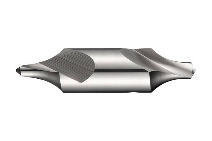 Ein Nahaufnahmebild eines doppelendigen Kegelsenkers mit einer grauen Metalloberfläche und scharfen, abgeschrägten Kanten zum Bearbeiten von Materialien.