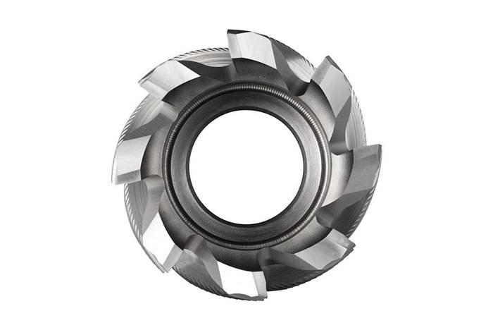 Ein kreisförmiges Metallschneidwerkzeug mit mehreren scharfkantigen, dreieckigen Zähnen um seinen Umfang, das für industrielle Bearbeitung und Fräsen verwendet wird.