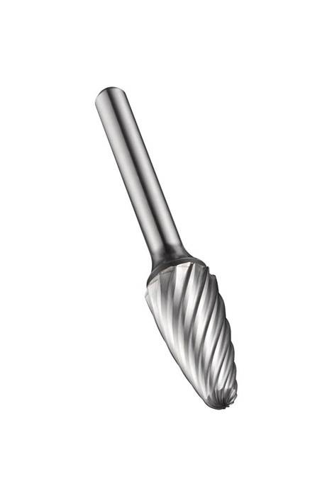 Ein Stahl-Rotationsfräser mit einem zylindrischen Schaft und einem konischen, spiralförmig gerillten Schneidkopf, der zum Metallformen und Gravieren verwendet wird.
