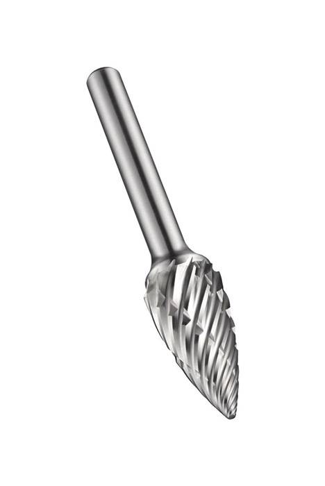 Ein Metallrotationsbohrer mit einem gedrehten, gerillten Kopf, der zum Schneiden, Schleifen und Formen von Materialien verwendet wird und einen zylindrischen Schaft besitzt.