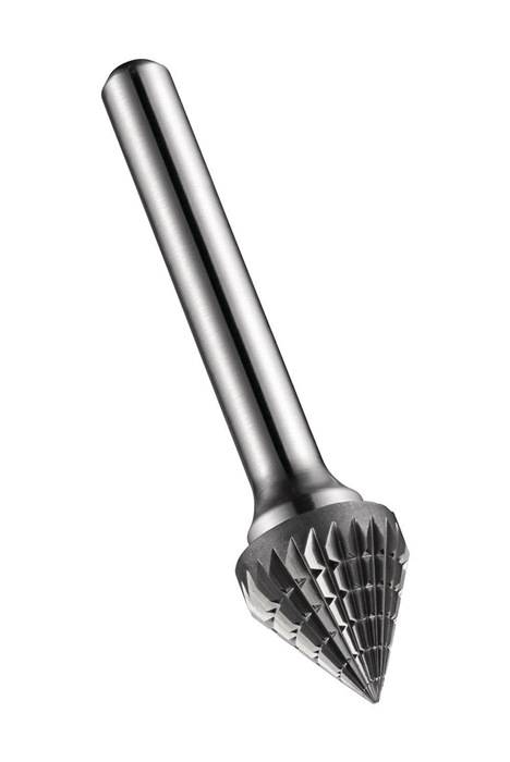 Bild eines Rotationsfräsers mit einem strukturierten, konischen Schneidekopf und einem glatten Metallschaft, der zum Schnitzen, Formen und Materialentfernen verwendet wird.
