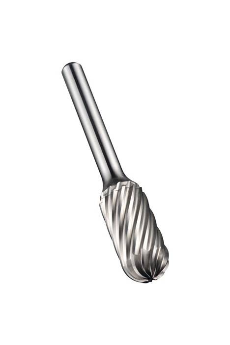 Nahaufnahme eines silbernen Rotationsfräsers mit einem zylindrischen, spiralrillten Schneidkopf und einem geraden Schaft, der für Präzisionsmetallbearbeitung verwendet wird.