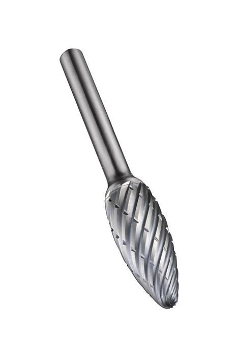 Eine Metallrotationsreibahle mit konischer Form und Spiralrillen, die zum Schleifen und Formen von Materialien in verschiedenen industriellen Anwendungen verwendet wird.