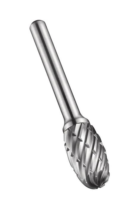 Ein Metallrotationsfräser mit einem zylindrischen Schaft und einem Kreuzschliff am Kopf, der zum Formen oder Schneiden von Materialien verwendet wird.