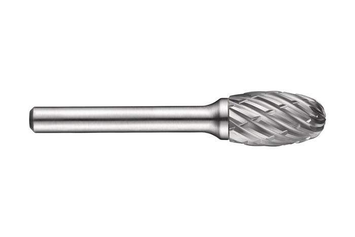 Ein silberfarbener Rotationsfräser mit einem strukturierten zylindrischen Kopf zum Formen und Schneiden von Materialien.