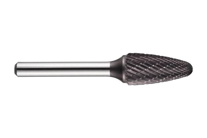 Ein zylindrischer Metallfräser mit einem konischen, gerillten Schleifkopf, der zum Formen und Schneiden harter Materialien in der Fertigungsindustrie verwendet wird.