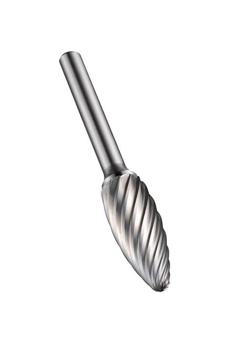 Ein metallisches Rotationsfräswerkzeug mit einer spiralförmigen Schnittfläche, das zum präzisen Formen und Gravieren in der Metall- und Holzbearbeitung verwendet wird.