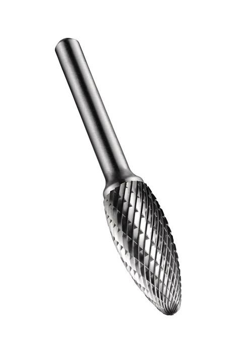 Hartmetall-Rotationsfräser mit zylindrischem Schaft und konischem Schneidkopf, verwendet zum Formen, Schleifen oder Schneiden in der Metallbearbeitung.