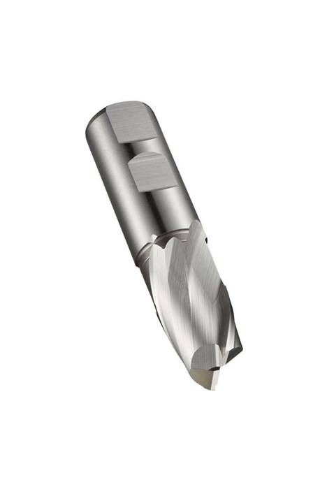 Ein Metallschneidwerkzeug mit mehreren gerillten Kanten, das für Fräsoperationen verwendet wird. Es ist silbern und zylindrisch geformt, entwickelt für präzise Schnitte.
