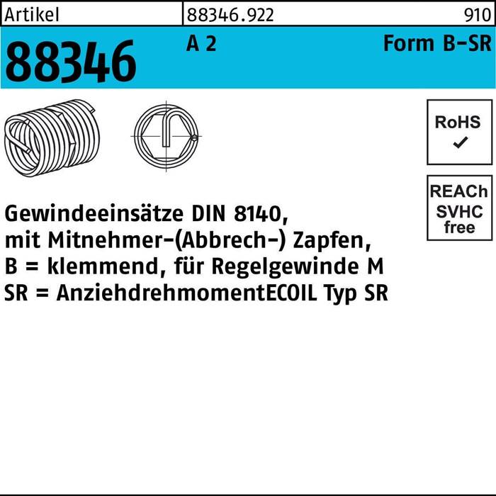 Gewindeeinsatz R 88346 FormB-SR BM 16x 16 A 2 10 Stück AMECOIL