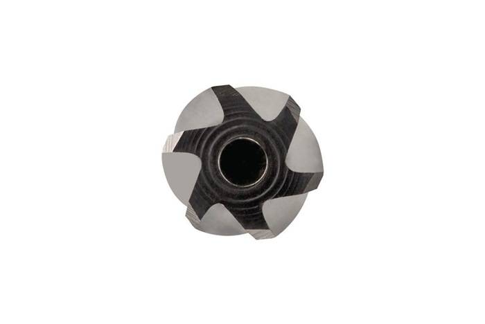 Ein rundes, schwarz-silbernes sternförmiges Schneidewerkzeug mit scharfen Kanten, das von oben betrachtet einer Zahnscheibe oder einer Fräse ähnelt.