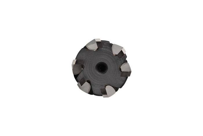 Ein kreisförmiges industrielles Schneidwerkzeug mit sechs scharfen, gleichmäßig verteilten Zähnen, das für Fräsarbeiten konzipiert ist. Zentrales Loch zur Befestigung.