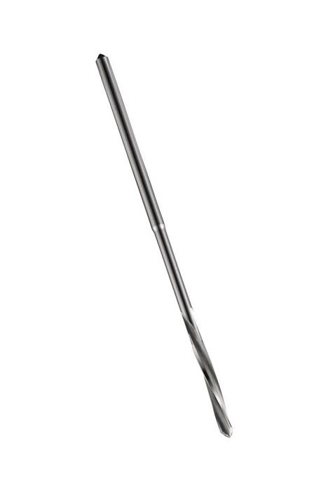 Ein Nahaufnahme-Bild eines Metallbohrers in einem Winkel, das seine spiralförmigen Rillen und die spitze Spitze zeigt, verwendet für präzises Bohren in harten Materialien.