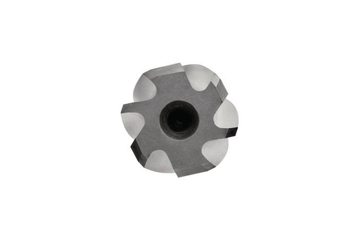 Ein metallischer Kreisschneider mit sechs Zähnen zum Schneiden oder Formen von Material, von oben betrachtet.