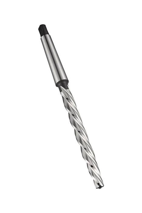 Eine einzelne Metallbohrerspitze mit einer spiralförmigen Rillendesign, diagonal angewinkelt, vor einem weißen Hintergrund.