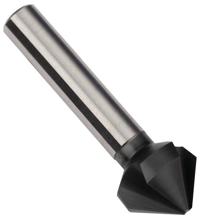Ein zylindrischer Metallwerkzeug mit einer scharfen, konischen Spitze, der zum Versenken oder Entgraten verwendet wird, vor einem einfarbigen Hintergrund.
