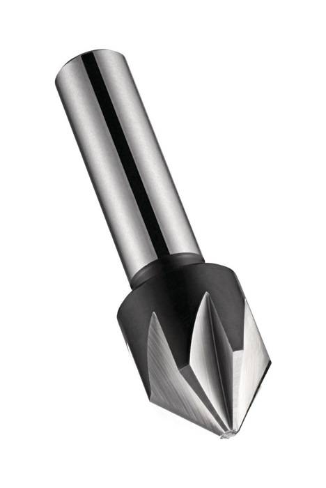 Ein Kegelsenker-Bohrer aus Metall mit einer konischen, gerillten Konstruktion wird dargestellt, der zum Bohren sauberer, geneigter Löcher in verschiedenen Materialien verwendet wird.