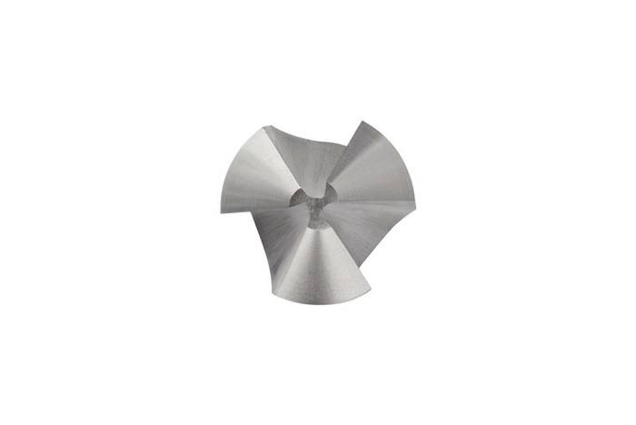 Eine Nahaufnahme eines glänzenden Metallversenkers mit drei Schneiden, der zum Erstellen von konischen Löchern in verschiedenen Materialien entwickelt wurde.