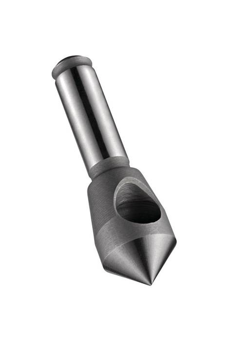 Ein Kegelsenker-Werkzeug aus Metall mit einer konischen Spitze und einer Aussparung zum Materialentfernen, verwendet zum Erstellen von abgeschrägten Öffnungen in Materialien.
