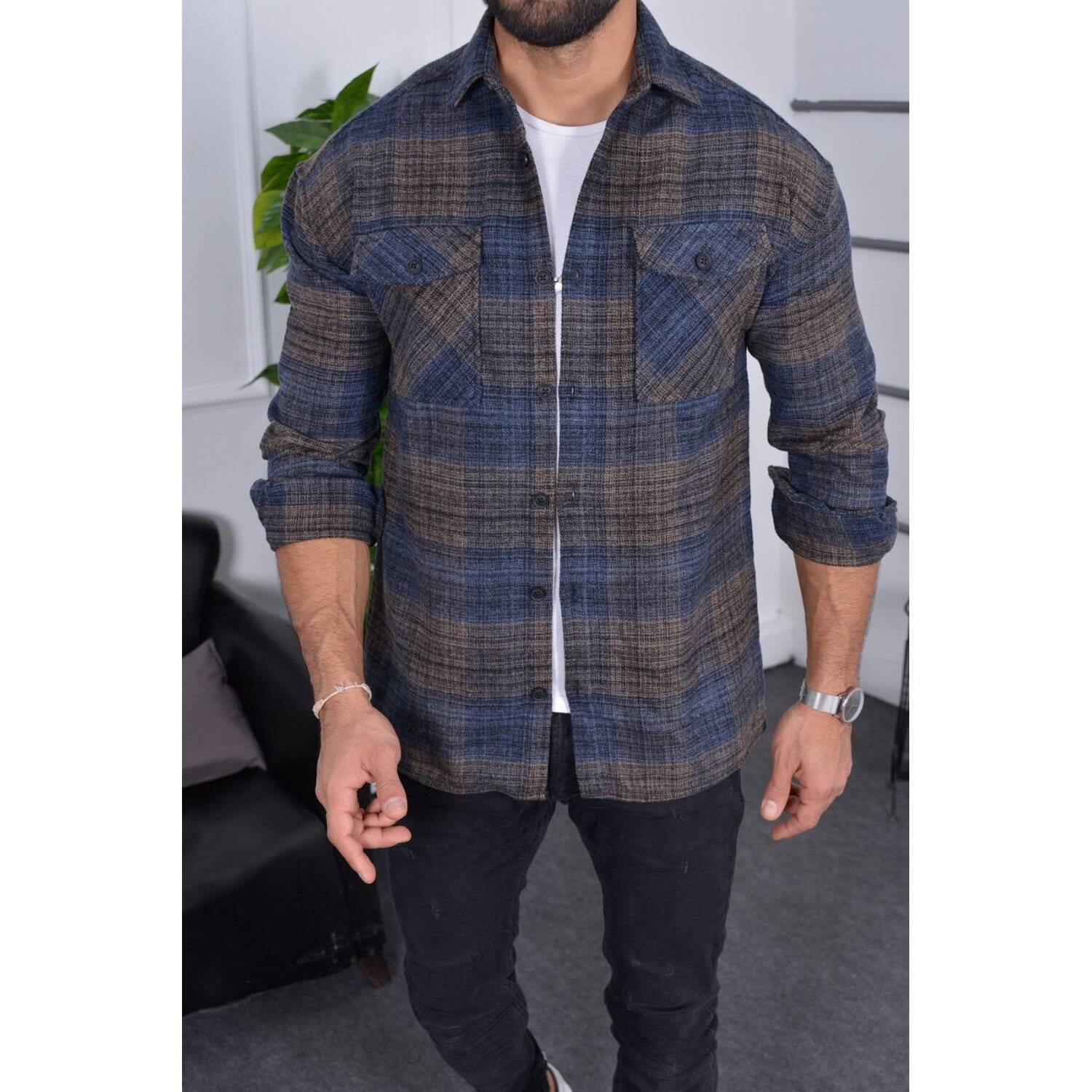 Flanellhemd H-263 Flanellhemd Kariert Hemd Holzfällerhemd Herren Holzfäller Baumwolle Blau M