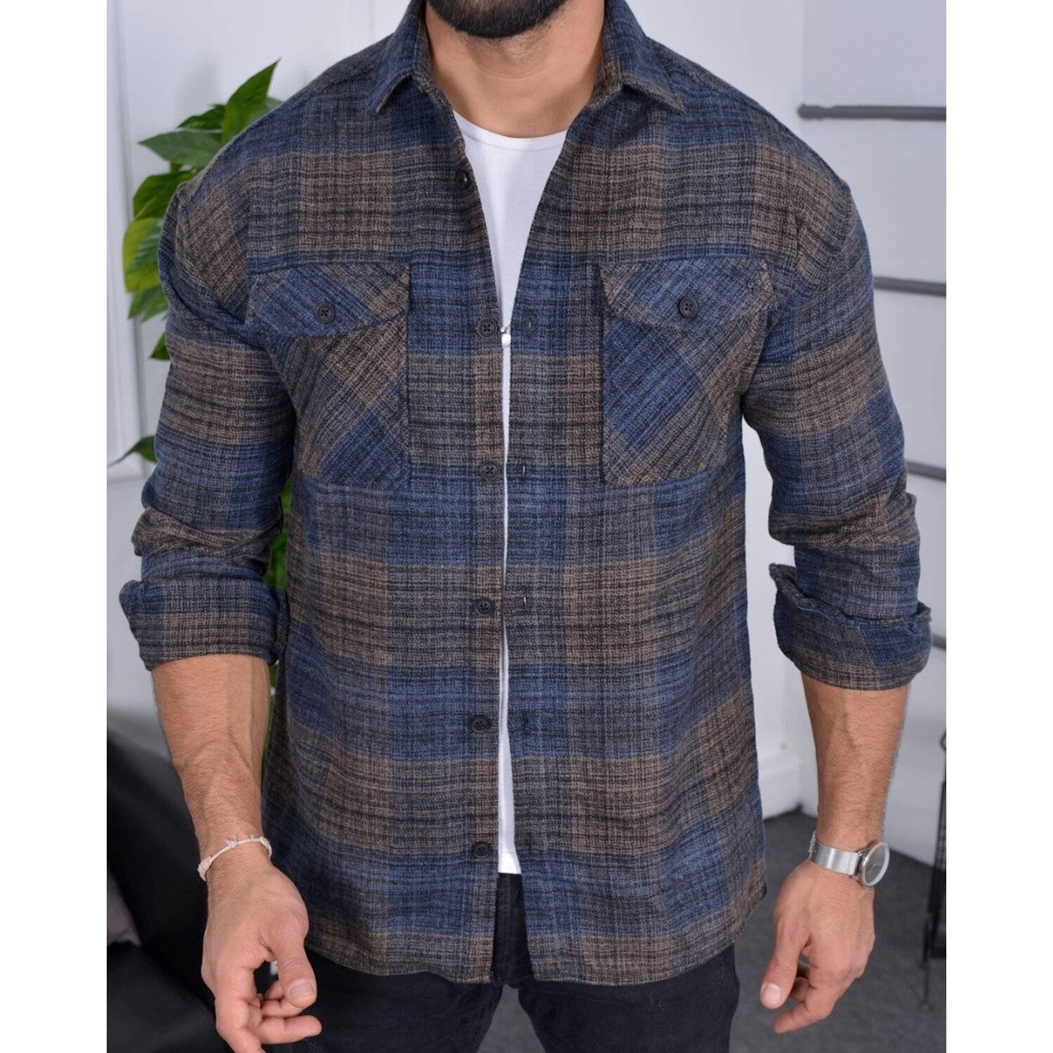 Flanellhemd H-263 Flanellhemd Kariert Hemd Holzfällerhemd Herren Holzfäller Baumwolle Blau L