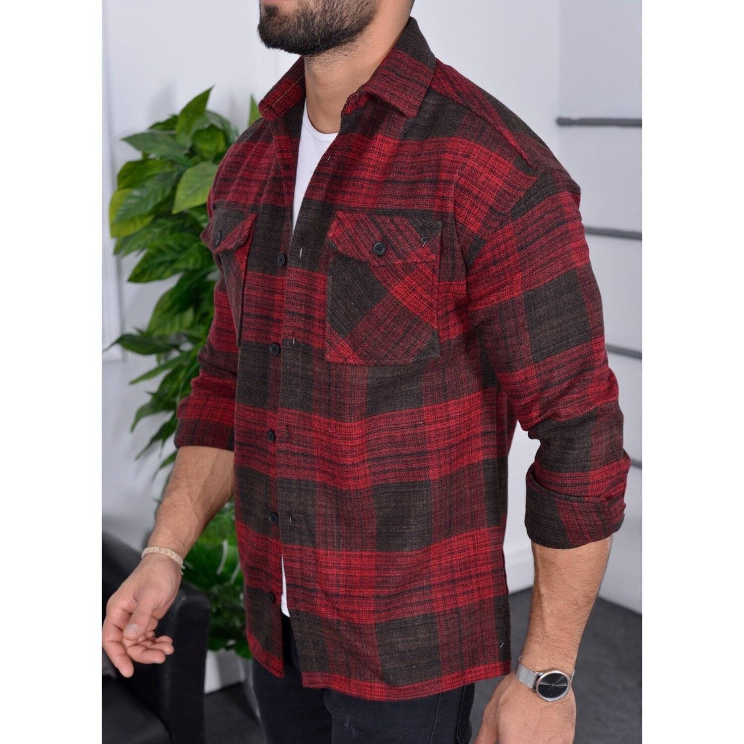 Flanellhemd H-263 Flanellhemd Kariert Hemd Holzfällerhemd Herren Holzfäller Baumwolle Bordeaux XL