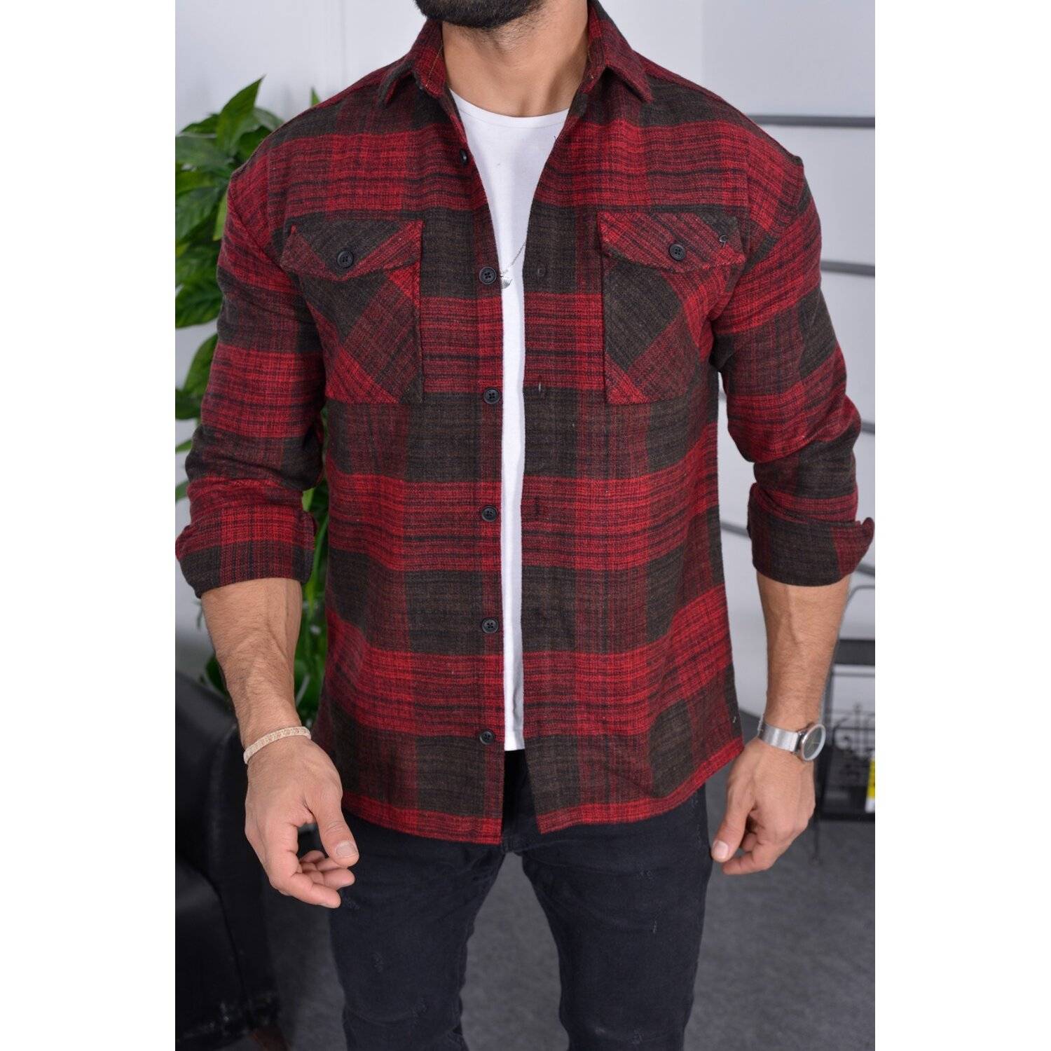 Flanellhemd H-263 Flanellhemd Kariert Hemd Holzfällerhemd Herren Holzfäller Baumwolle Bordeaux XL