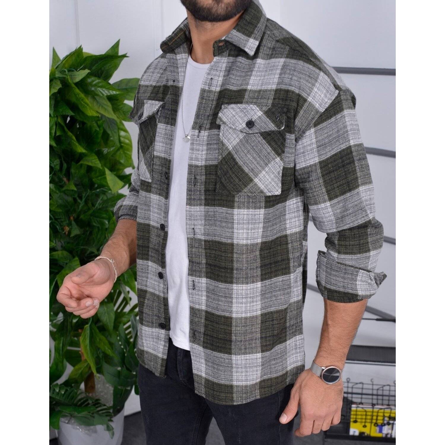 Flanellhemd H-263 Flanellhemd Kariert Hemd Holzfällerhemd Herren Holzfäller Baumwolle Navygrün XL